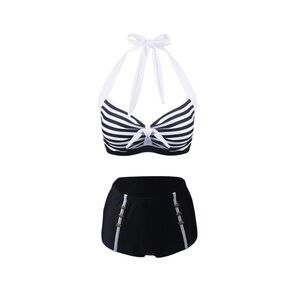 Chic Retro Striped Bikini with Halter Neck